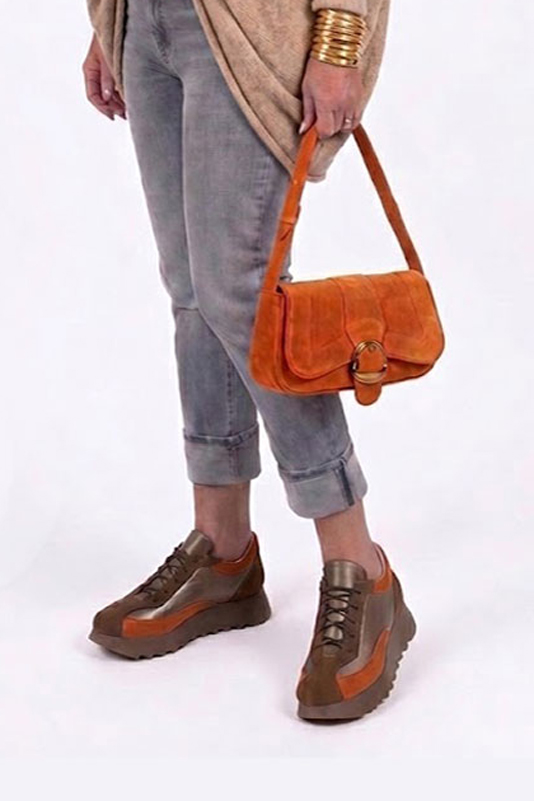 Women's chocolate brown, antique gold and terracotta dress sneakers with round toe and chunky rubber lug sole - Worn view